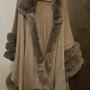 Brown Faux Fur Trimmed Poncho Sweater